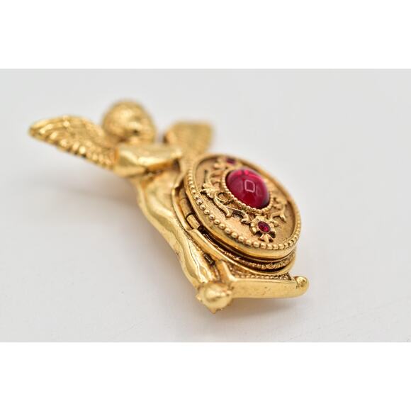 Vatican Library Vintage Angel Cherub Locket Pin Brooch Red Cabochon Signed BinBI - Picture 9 of 12